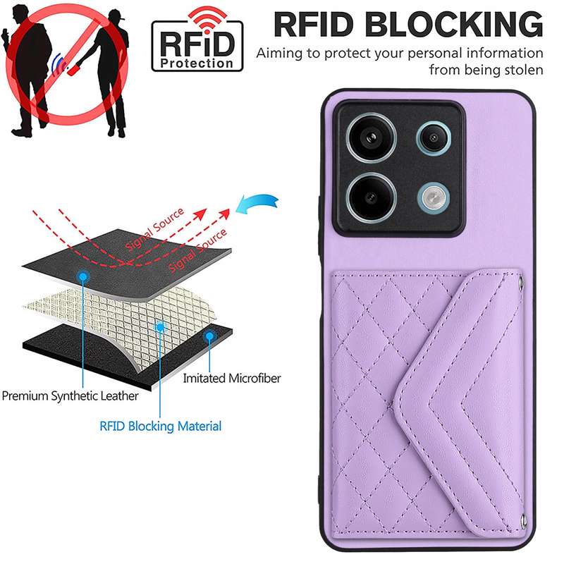 For Xiaomi Redmi Note 13 5G Global Rhombic Texture Card Bag RFID Phone Case(Light Purple)