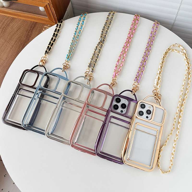 For iPhone 12 Pro Electroplated Clear Card Slot TPU Phone Case with Crossbody Chain(Purple)