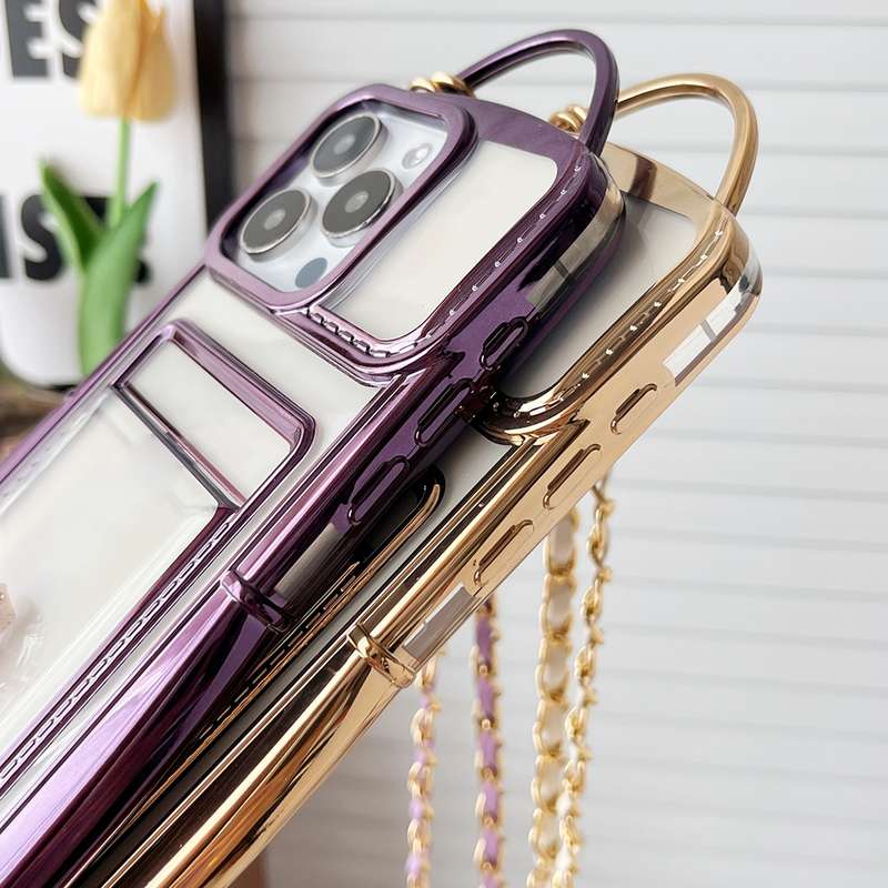 For iPhone 12 Pro Electroplated Clear Card Slot TPU Phone Case with Crossbody Chain(Purple)