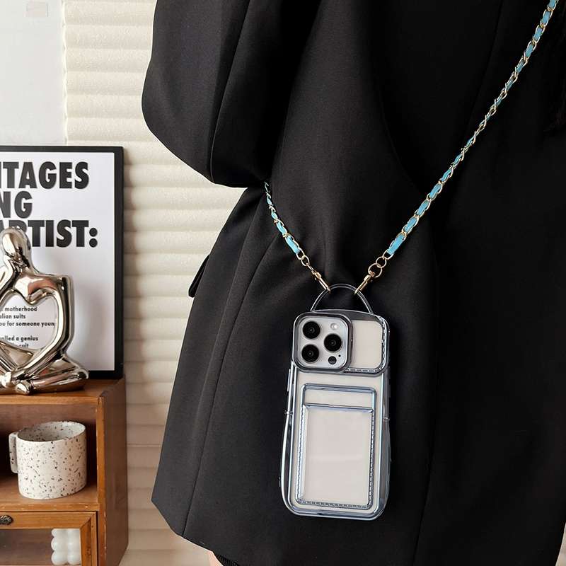 For iPhone 12 Pro Electroplated Clear Card Slot TPU Phone Case with Crossbody Chain(Purple)