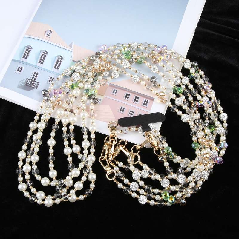 Mobile Phone Anti-lost Long Chain Flash Diamond Pearl Crossbody Lanyard(Black)
