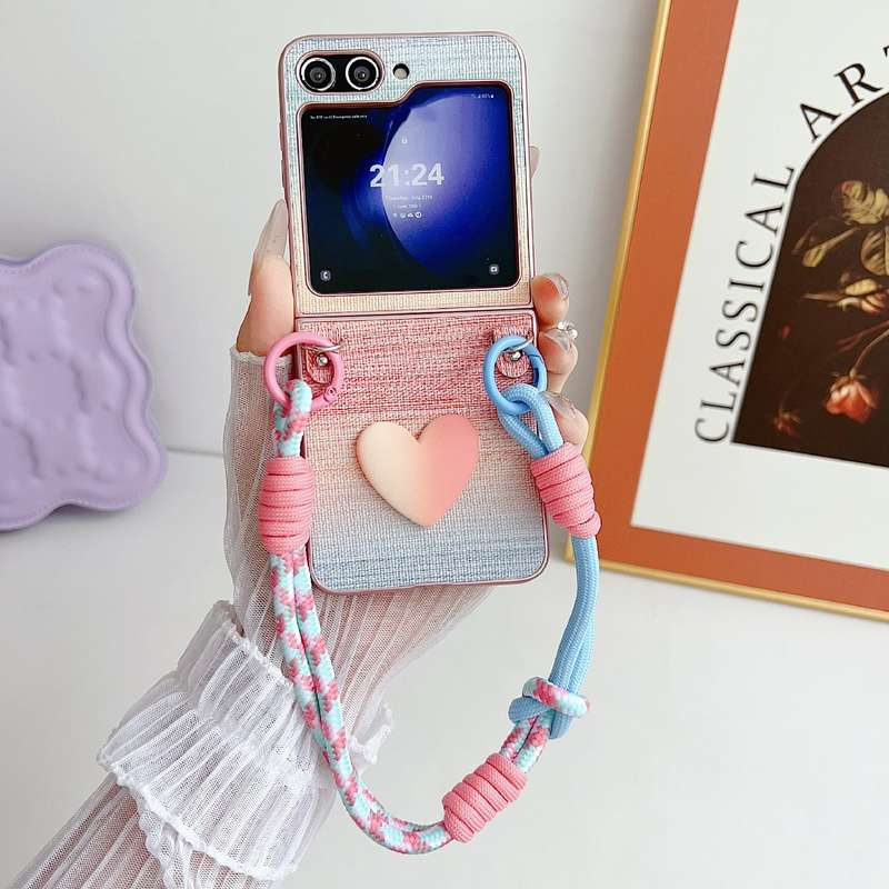 For Samsung Galaxy Z Flip6 Illusory Color Leather Texture PC Phone Case with Color Strap(Pink)