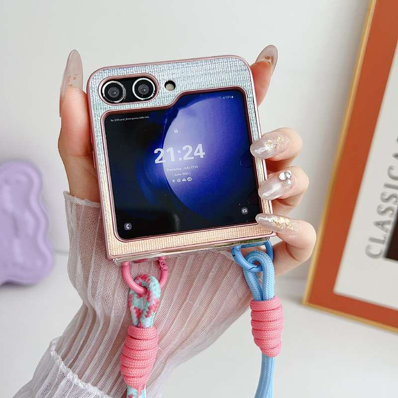 For Samsung Galaxy Z Flip6 Illusory Color Leather Texture PC Phone Case with Color Strap(Pink)