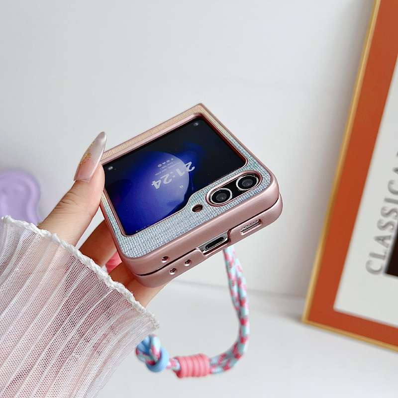 For Samsung Galaxy Z Flip6 Illusory Color Leather Texture PC Phone Case with Color Strap(Pink)