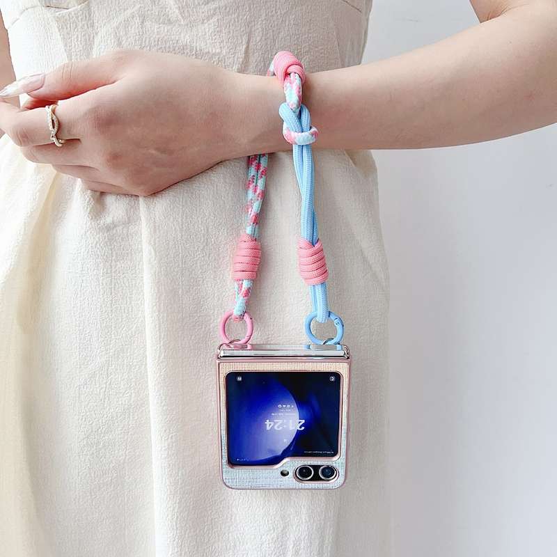 For Samsung Galaxy Z Flip6 Illusory Color Leather Texture PC Phone Case with Color Strap(Pink)