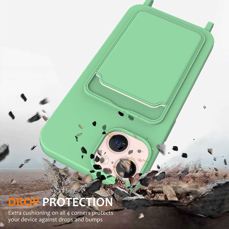 For iPhone 15 Integrated Card Bag Solid Color Liquid Silicone Phone Case with Lanyard(Green)