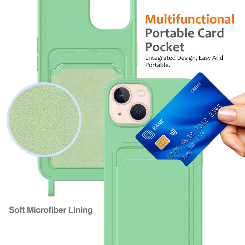 For iPhone 15 Integrated Card Bag Solid Color Liquid Silicone Phone Case with Lanyard(Green)