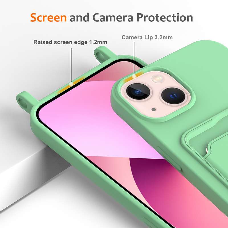 For iPhone 15 Integrated Card Bag Solid Color Liquid Silicone Phone Case with Lanyard(Green)
