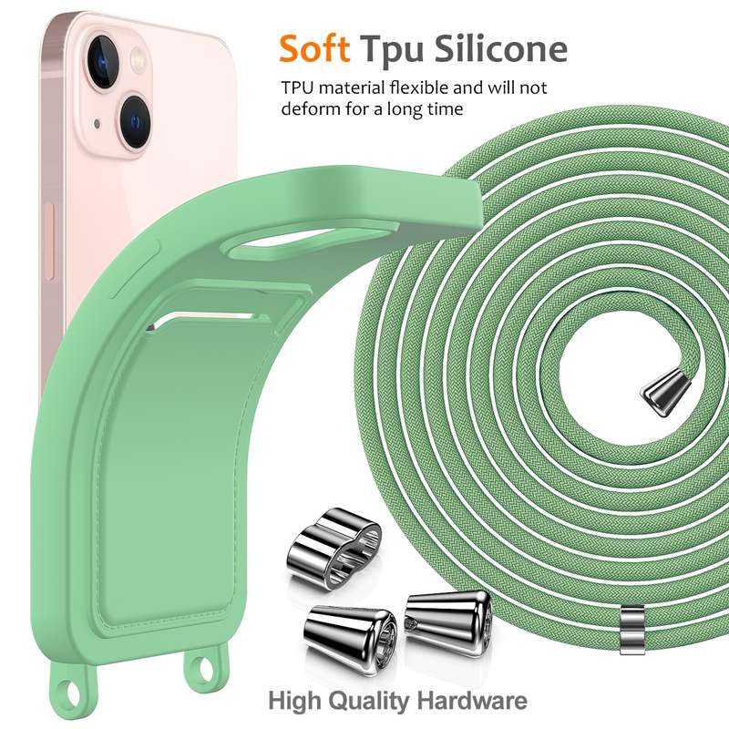 For iPhone 15 Integrated Card Bag Solid Color Liquid Silicone Phone Case with Lanyard(Green)
