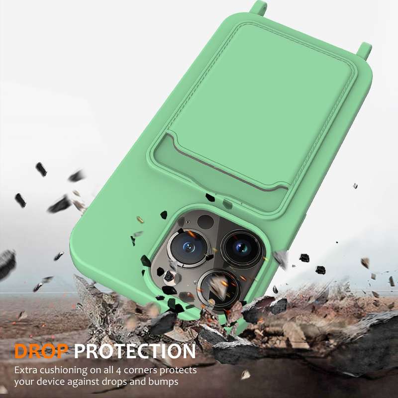 For iPhone 14 Pro Max Integrated Card Bag Solid Color Liquid Silicone Phone Case with Lanyard(G