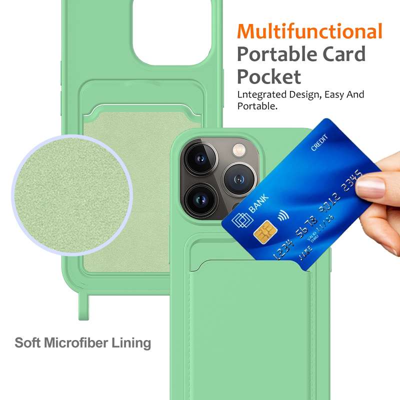 For iPhone 14 Pro Max Integrated Card Bag Solid Color Liquid Silicone Phone Case with Lanyard(G