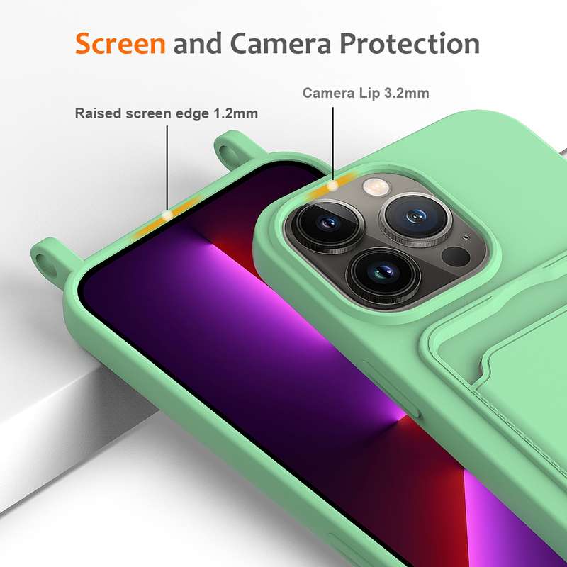 For iPhone 14 Pro Max Integrated Card Bag Solid Color Liquid Silicone Phone Case with Lanyard(G