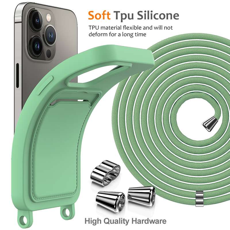 For iPhone 14 Pro Max Integrated Card Bag Solid Color Liquid Silicone Phone Case with Lanyard(G