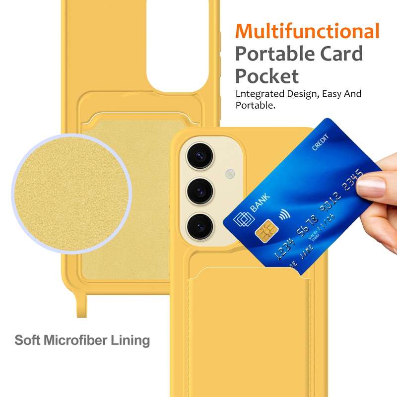 For Samsung Galaxy S24 5G Integrated Card Bag Solid Color Liquid Silicone Phone Case with Lanya