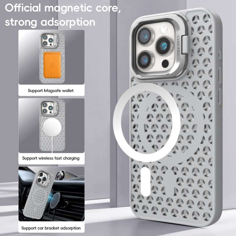 For iPhone 14 Hollow Cooling Lens Holder MagSafe Magnetic TPU Phone Case(Black)