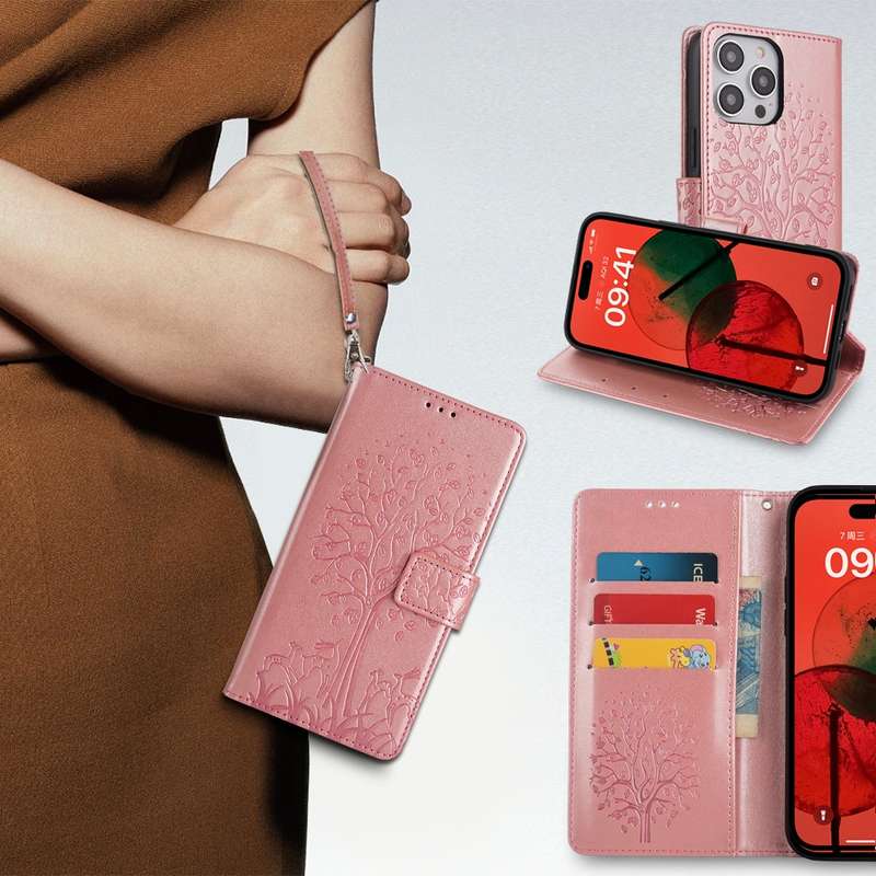 For vivo Y35M+ 5G / Y35+ 5G Tree & Deer Embossed Leather Phone Case(Rose Gold)