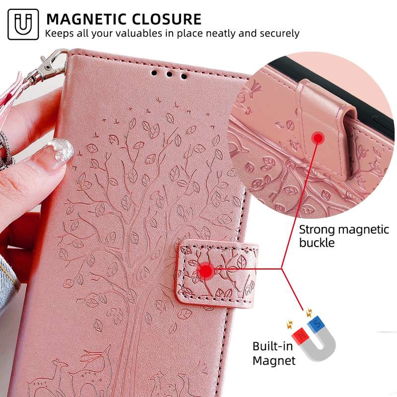 For Xiaomi  Redmi Note 11T Pro+ 5G Tree & Deer Embossed Leather Phone Case(Rose Gold)