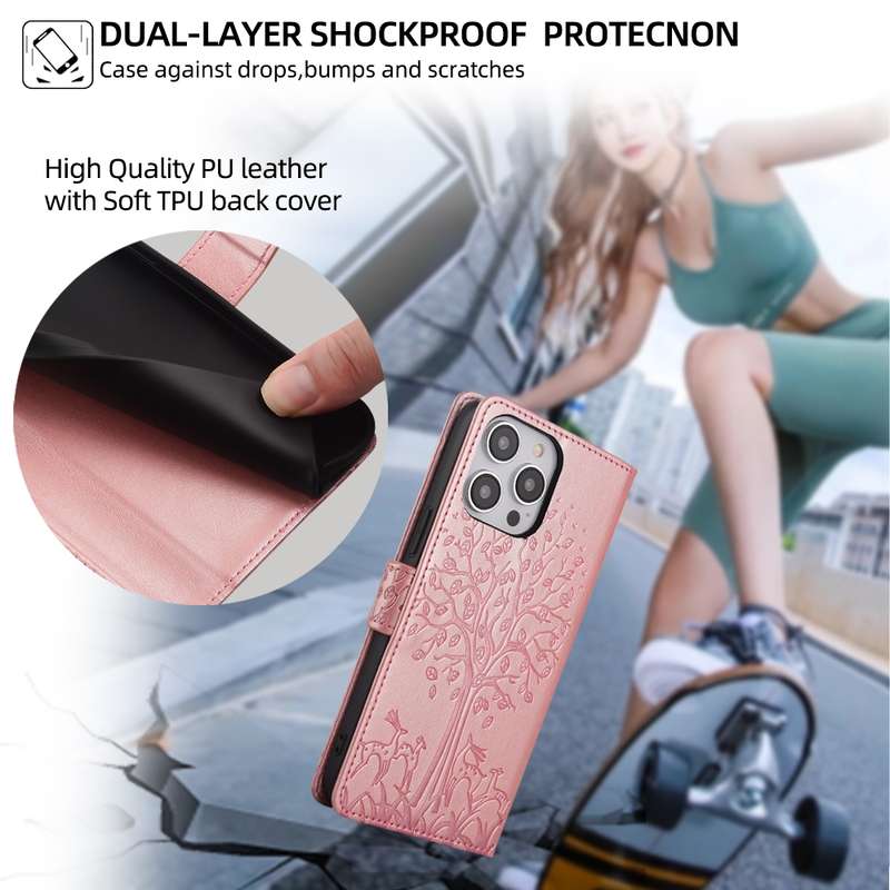 For Xiaomi  Redmi Note 11T Pro+ 5G Tree & Deer Embossed Leather Phone Case(Rose Gold)