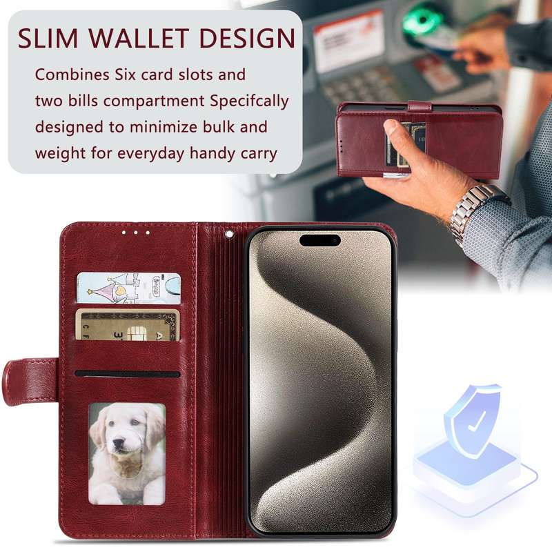 For iPhone 14 Pro Max Simple 6-Card Wallet Leather Phone Case(Wine Red)