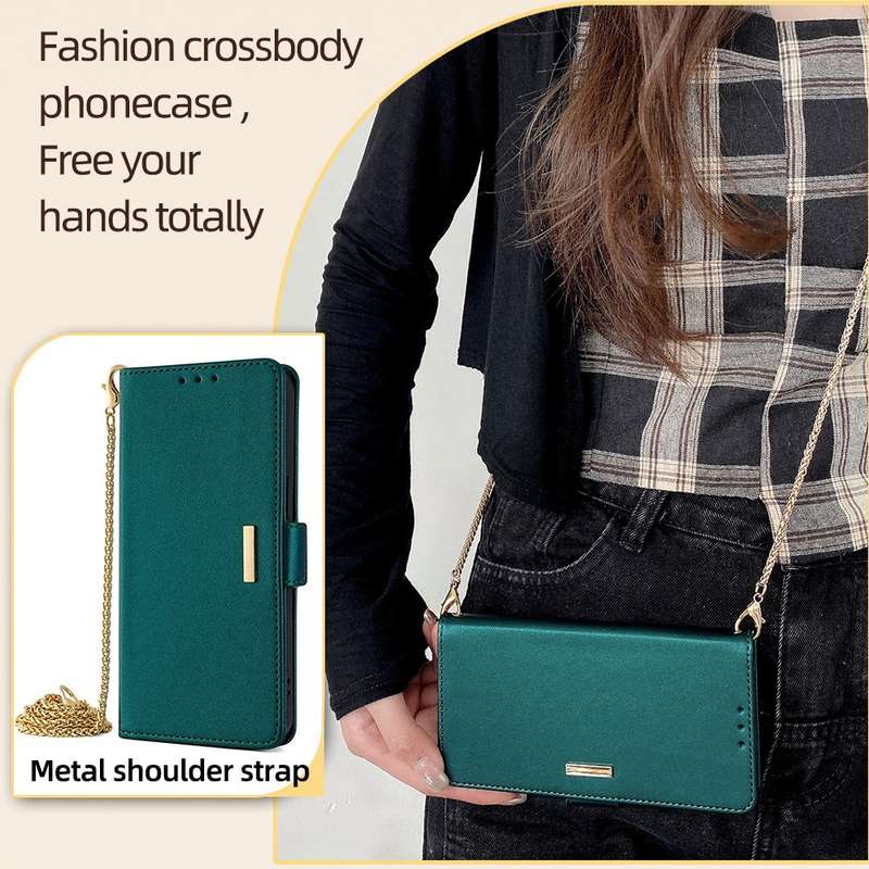 For iPhone 14 Pro Max Crossbody Chain Leather Phone Case(Green)