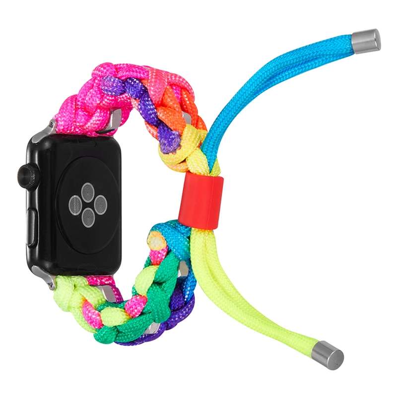 For Apple Watch Series 8 45mm Screw Nut Dual-Color Braided Paracord Watch Band(Rainbow)