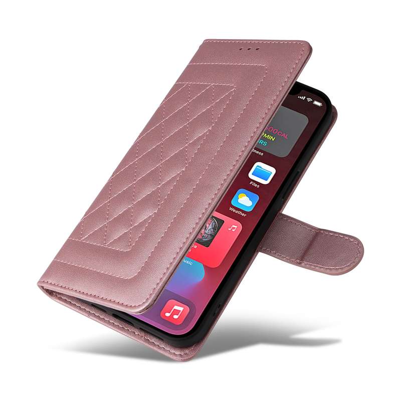 For iPhone 12 Pro Max Diamond Lattice Leather Flip Phone Case(Rose Gold)