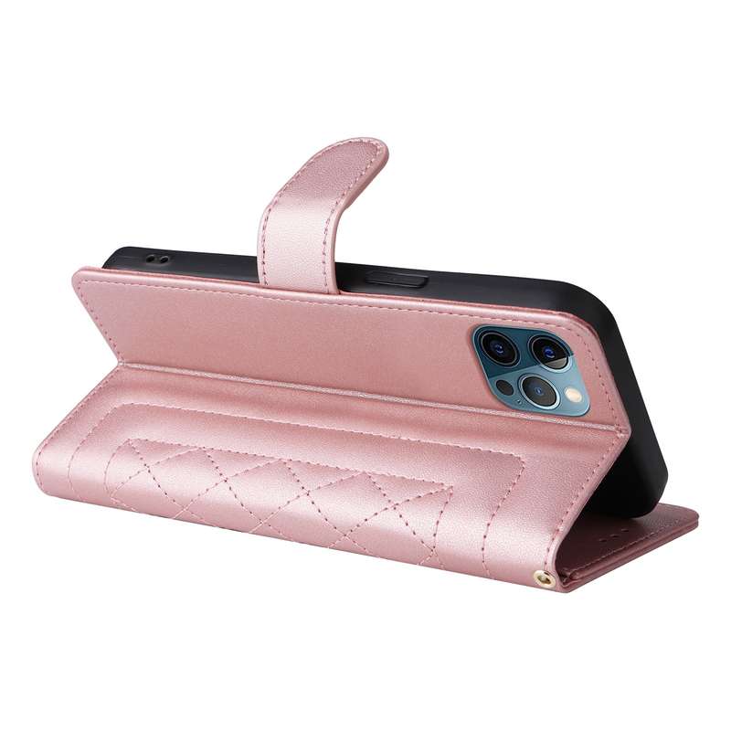 For iPhone 12 Pro Max Diamond Lattice Leather Flip Phone Case(Rose Gold)