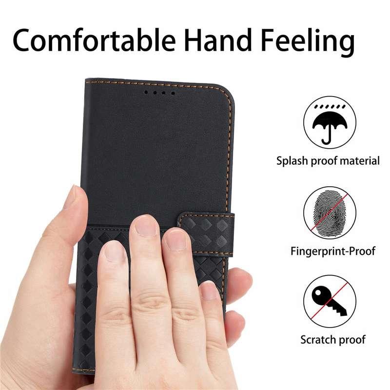 For iPhone 14 Pro Max Woven Embossed RFID Blocking Leather Phone Case(Black)