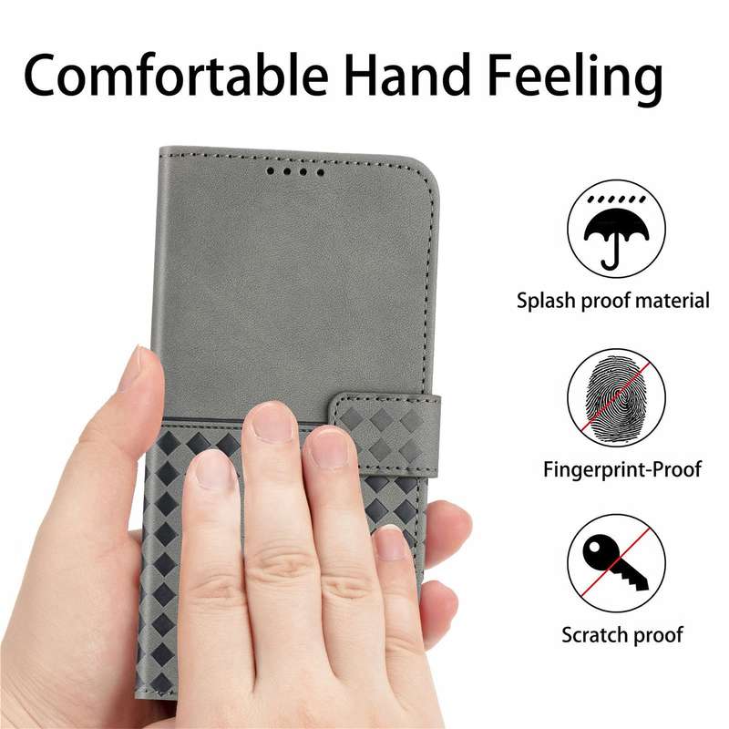 For iPhone 13 Pro Max Woven Embossed RFID Blocking Leather Phone Case(Grey)