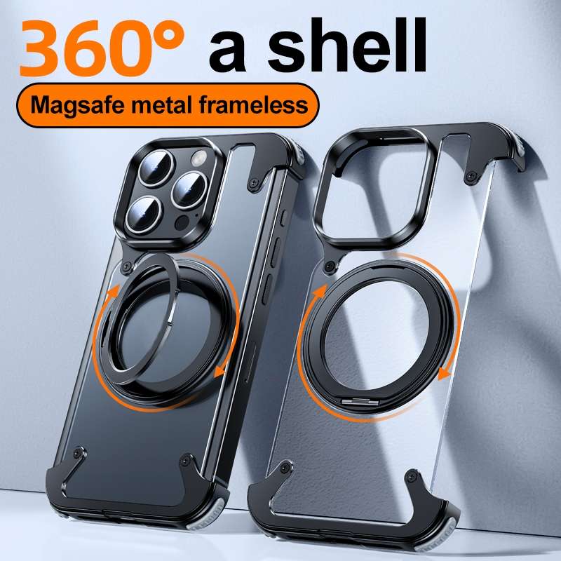 For iPhone 15 Pro Max 360 Degree Rotation MagSafe Stand Metal Phone Case(Leather Black)