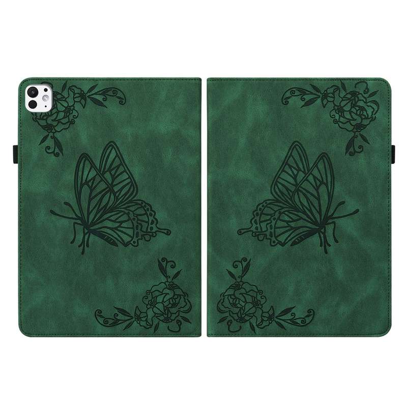 For iPad Pro 11 2024 Butterfly Flower Embossed Leather Tablet Case(Green)