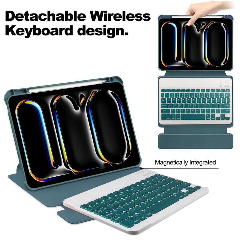 For iPad Pro 13 2024 Transparent Rotation Smart Leather Tablet Case with Keyboard(Dark Green)