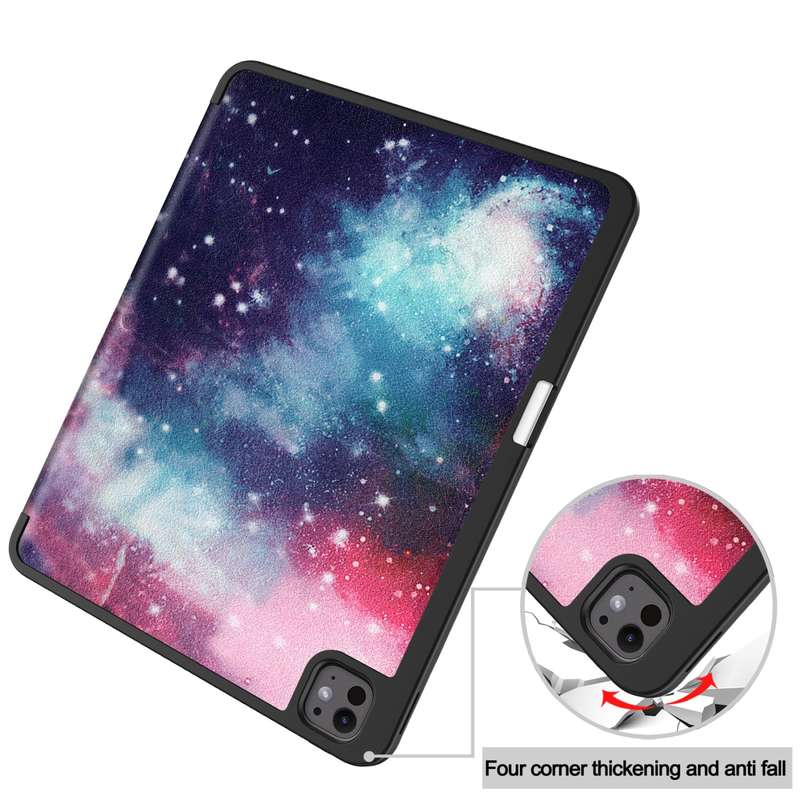 For iPad Pro 13 2024 Custer Painted 3-Fold Holder Smart Leather Tablet Case with Pen Tray(Milky