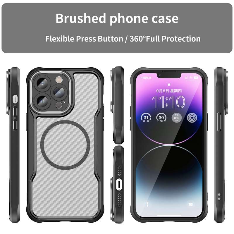 For iPhone 12 Pro Max Carbon Fiber Texture MagSafe Translucent Phone Case(Black)