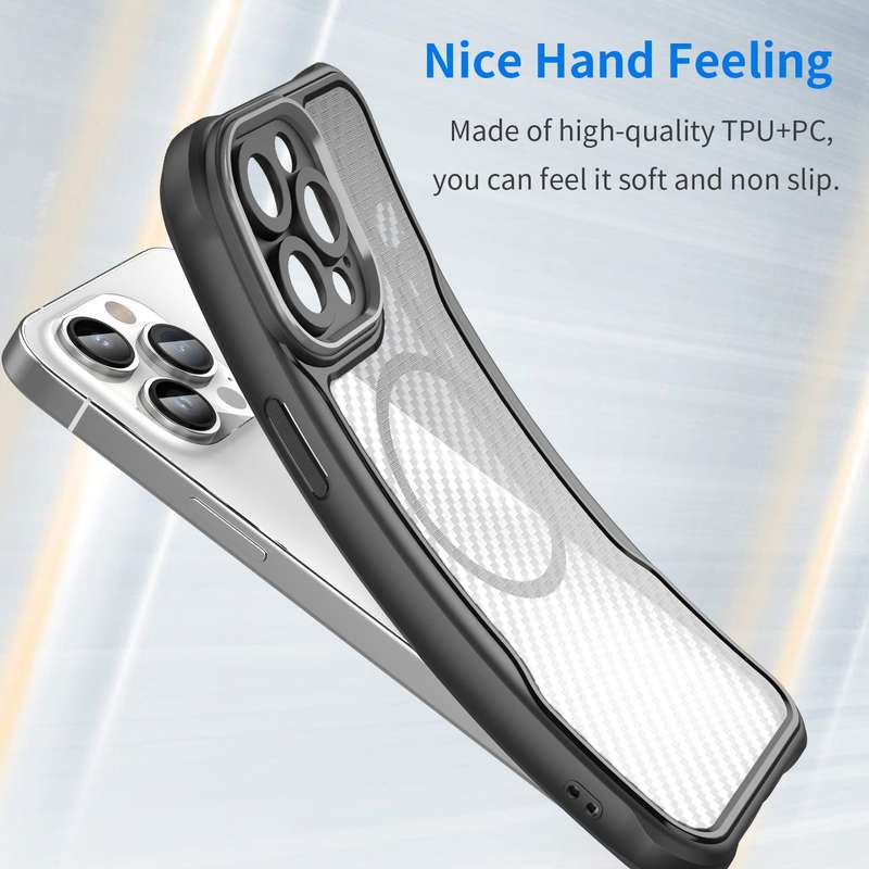 For iPhone 12 Pro Max Carbon Fiber Texture MagSafe Translucent Phone Case(Black)