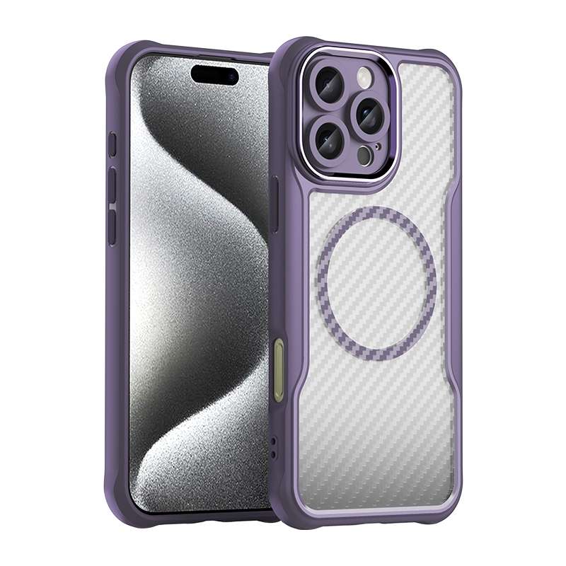 For iPhone 16 Pro Max Carbon Fiber Texture MagSafe Translucent Phone Case(Purple)