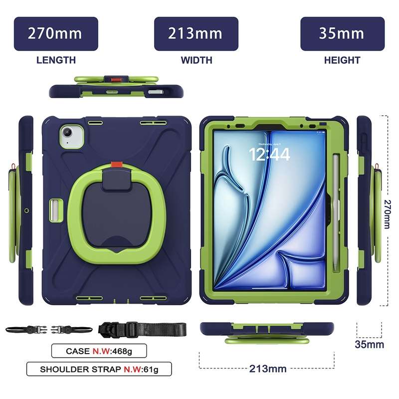 For iPad Air 11 2024 Silicone Hybrid PC Tablet Case with Holder & Shoulder Strap(Navy Blue Lime