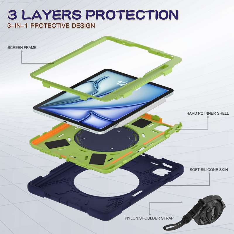 For iPad Air 11 2024 Silicone Hybrid PC Tablet Case with Holder & Shoulder Strap(Navy Blue Lime