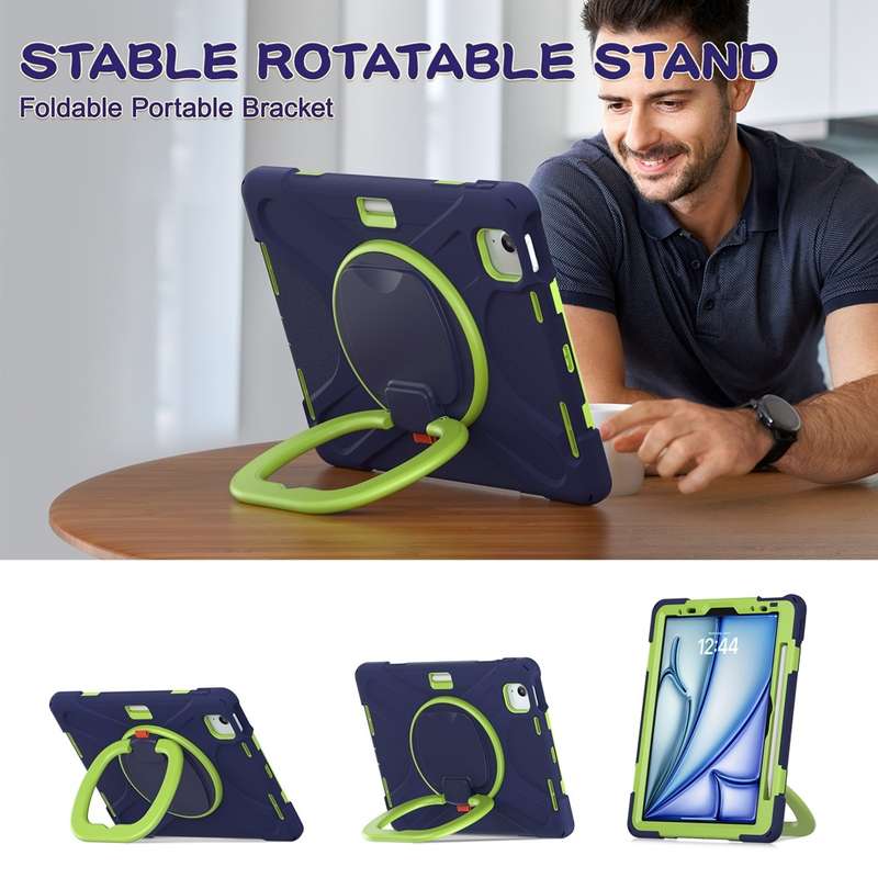 For iPad Air 11 2024 Silicone Hybrid PC Tablet Case with Holder & Shoulder Strap(Navy Blue Lime
