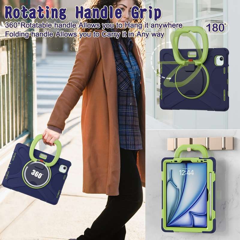 For iPad Air 11 2024 Silicone Hybrid PC Tablet Case with Holder & Shoulder Strap(Navy Blue Lime