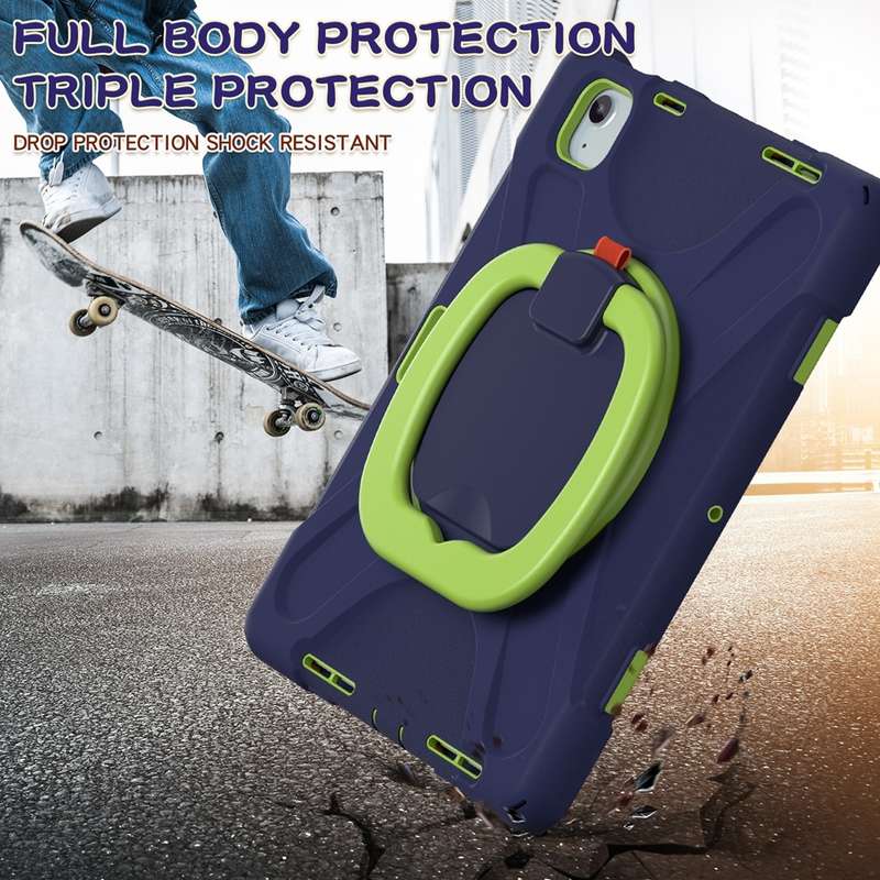 For iPad Air 11 2024 Silicone Hybrid PC Tablet Case with Holder & Shoulder Strap(Navy Blue Lime