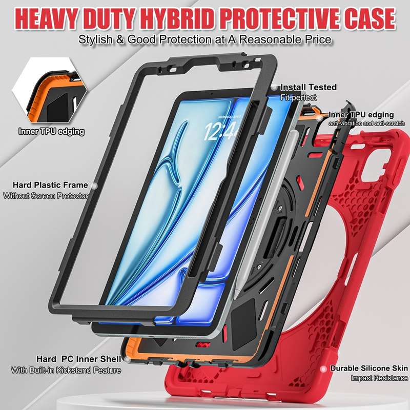 For iPad Air 11 2024 Rotatable Holder Silicone Hybrid PC Tablet Case with Shoulder Strap(Red)
