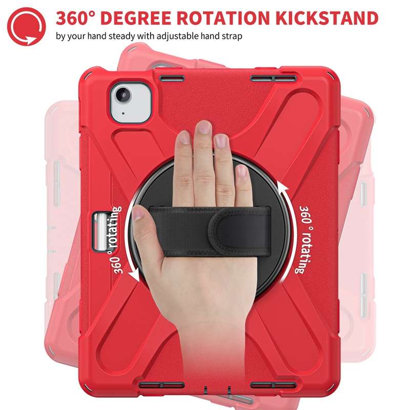 For iPad Air 11 2024 Rotatable Holder Silicone Hybrid PC Tablet Case with Shoulder Strap(Red)