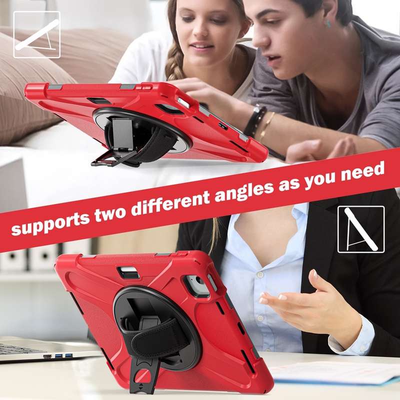 For iPad Air 11 2024 Rotatable Holder Silicone Hybrid PC Tablet Case with Shoulder Strap(Red)