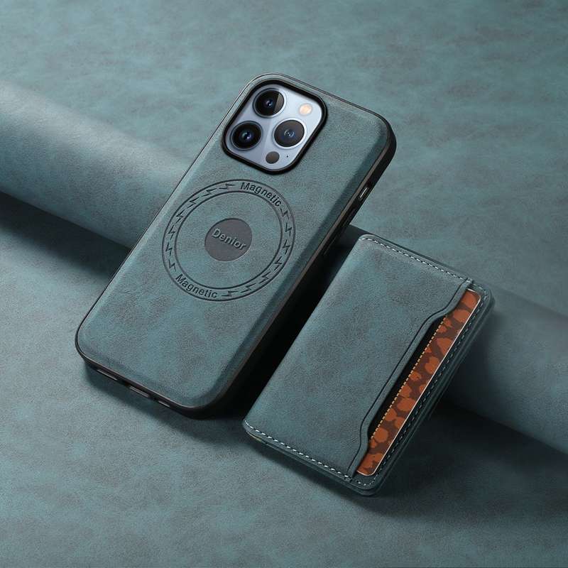 For iPhone 13 Pro Denior D13 Retro Texture Leather MagSafe Card Bag Phone Case(Blue)