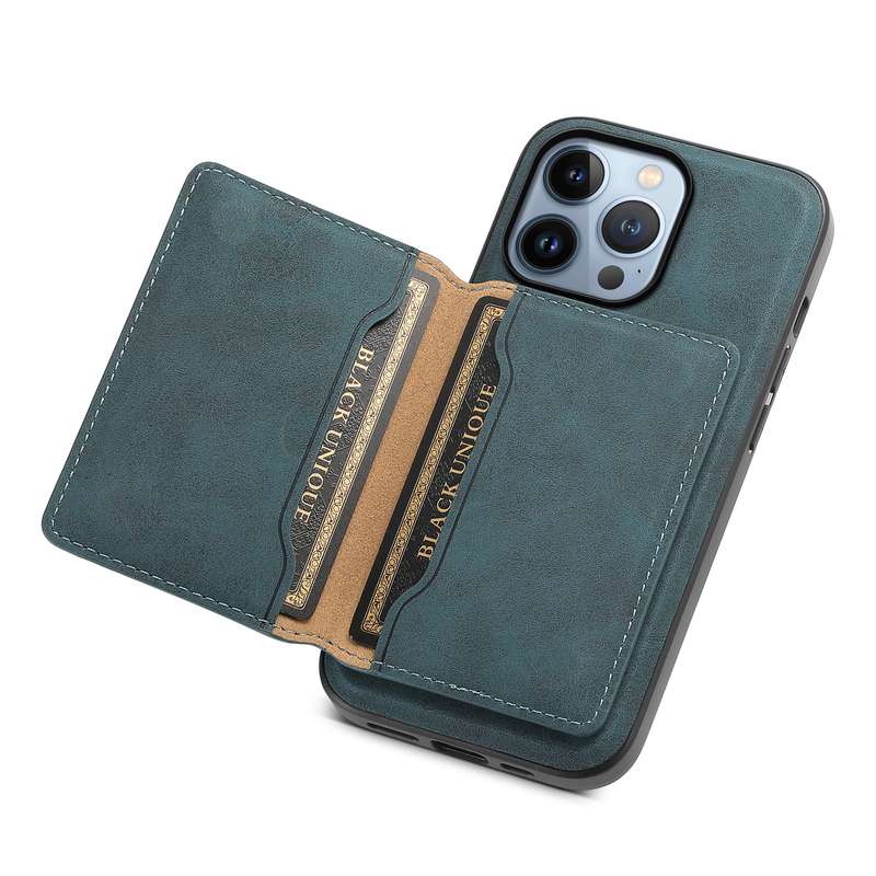 For iPhone 13 Pro Denior D13 Retro Texture Leather MagSafe Card Bag Phone Case(Blue)