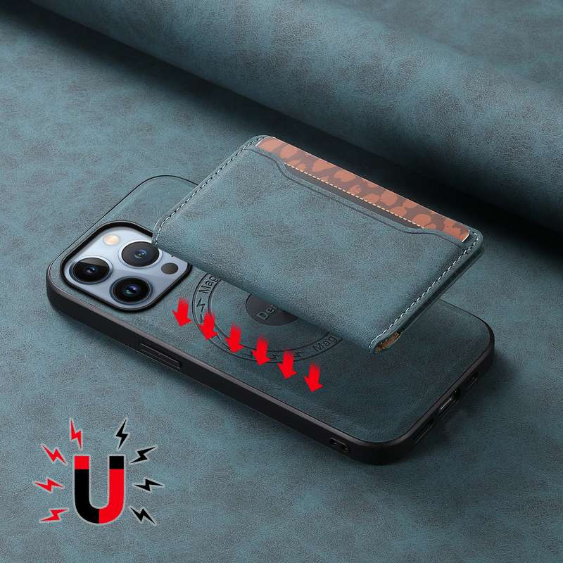 For iPhone 13 Pro Denior D13 Retro Texture Leather MagSafe Card Bag Phone Case(Blue)