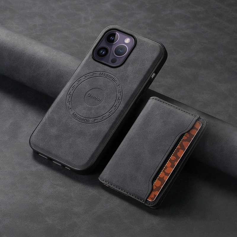 For iPhone 14 Pro Max Denior D13 Retro Texture Leather MagSafe Card Bag Phone Case(Black)