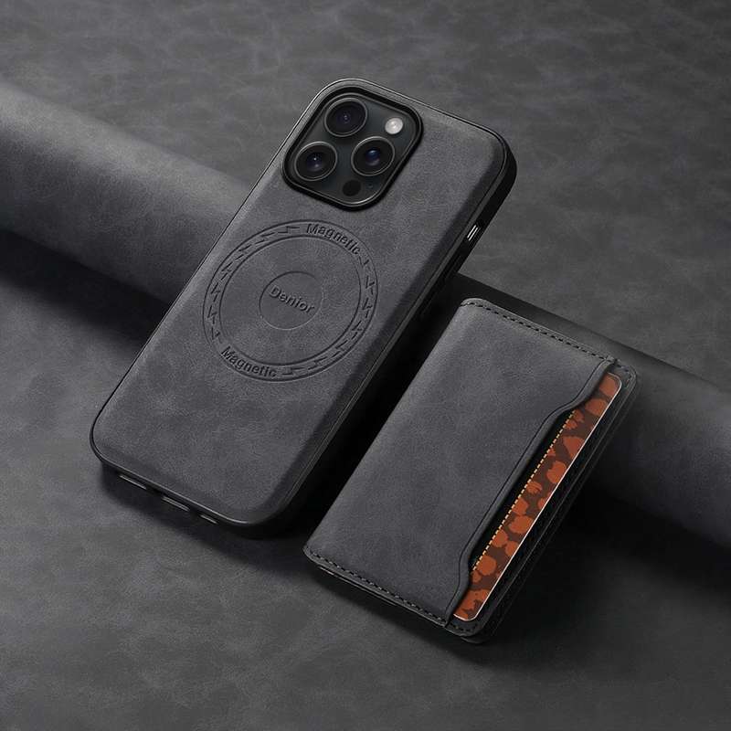 For iPhone 15 Pro Max Denior D13 Retro Texture Leather MagSafe Card Bag Phone Case(Black)