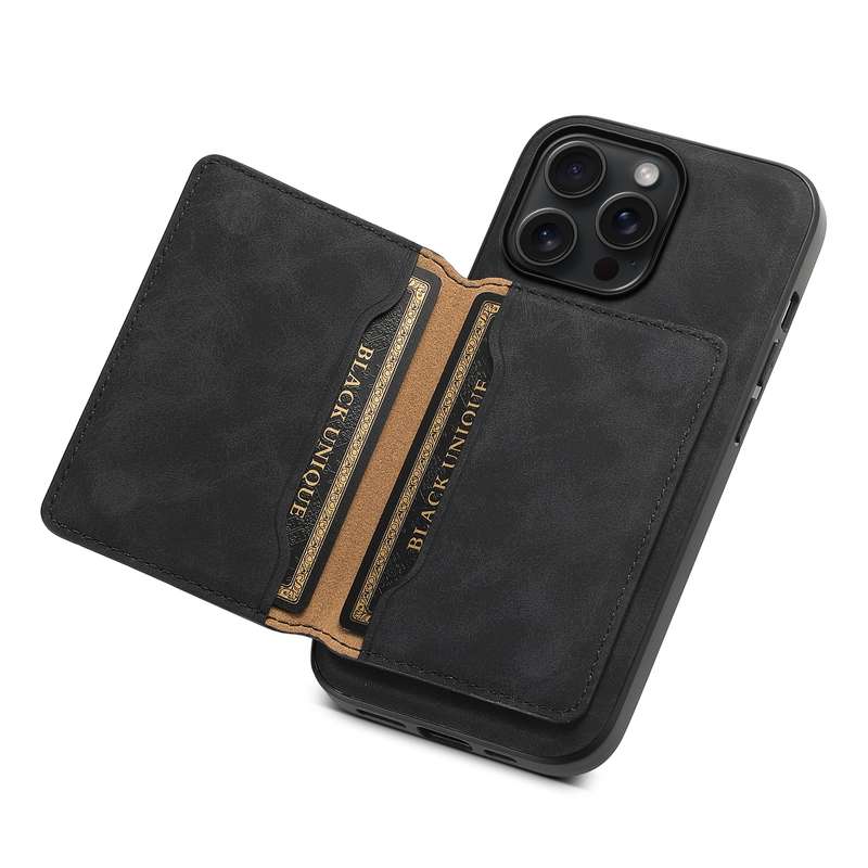 For iPhone 15 Pro Max Denior D13 Retro Texture Leather MagSafe Card Bag Phone Case(Black)